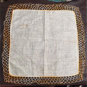 VTG Linen Ecru Handkerchief With Crocheted Yellow & White Edging